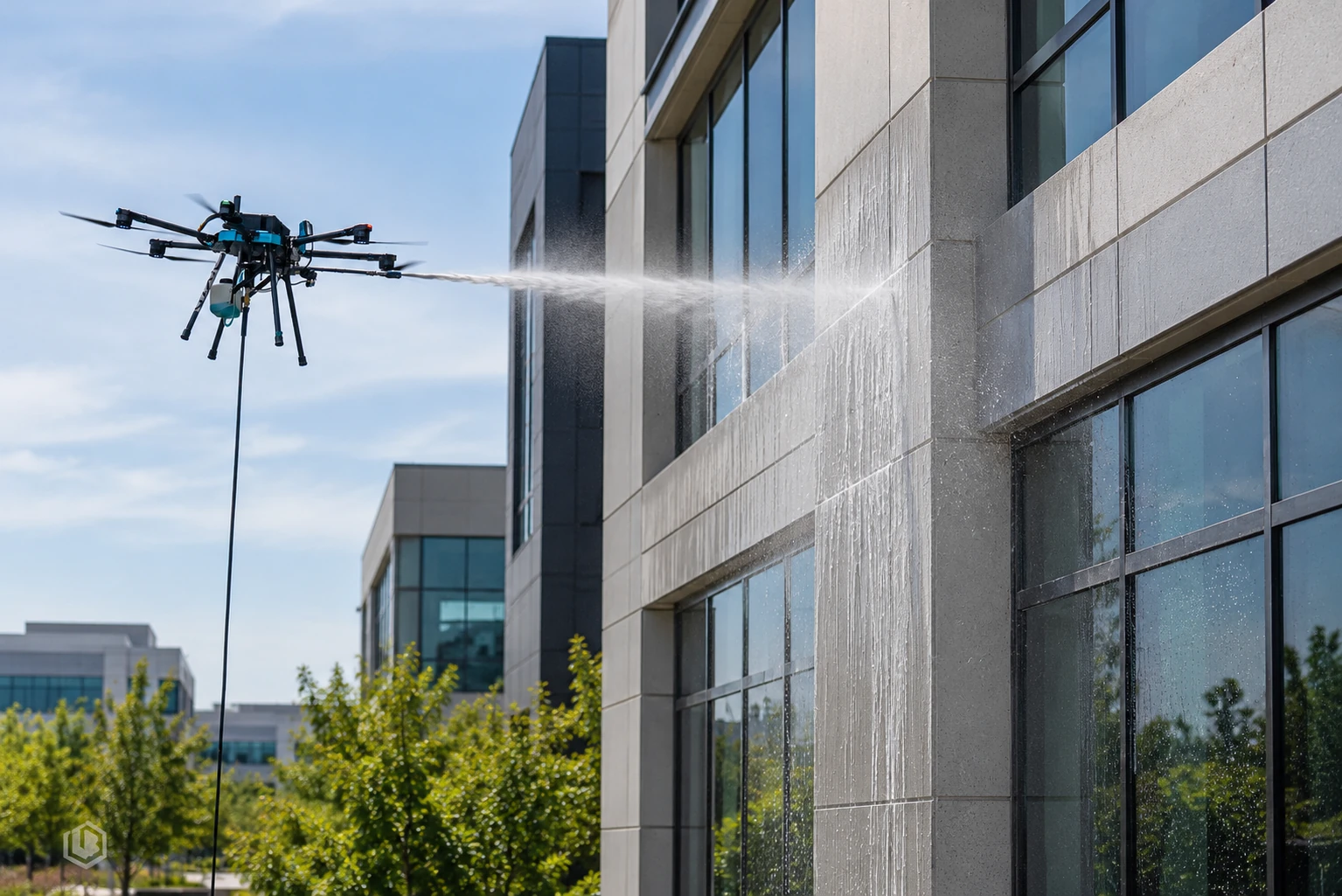 Illustrative composite showing an authentic industrial cleaning drone spraying the exterior of a modern commercial office building