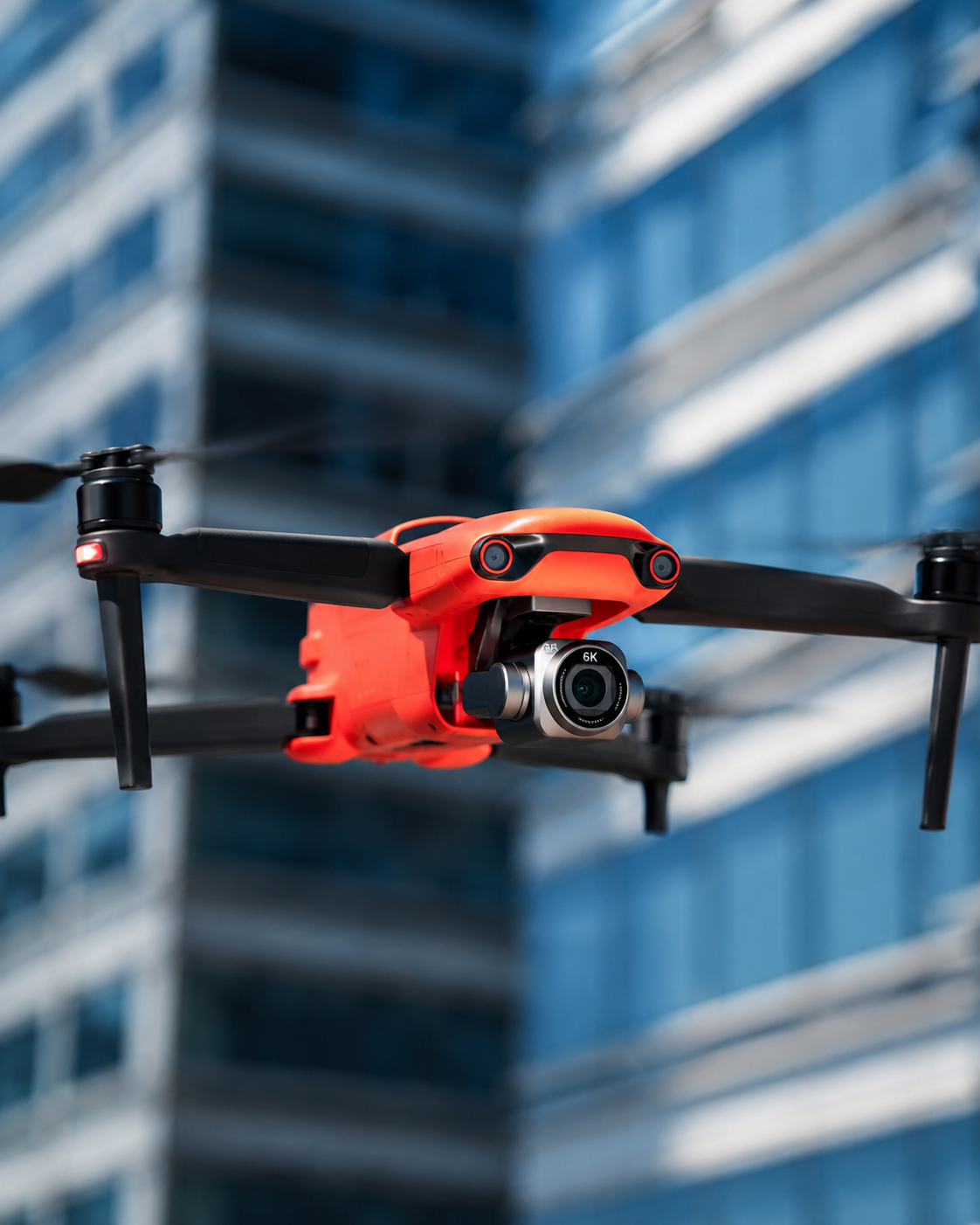 Illustrative inspection drone in front of a building