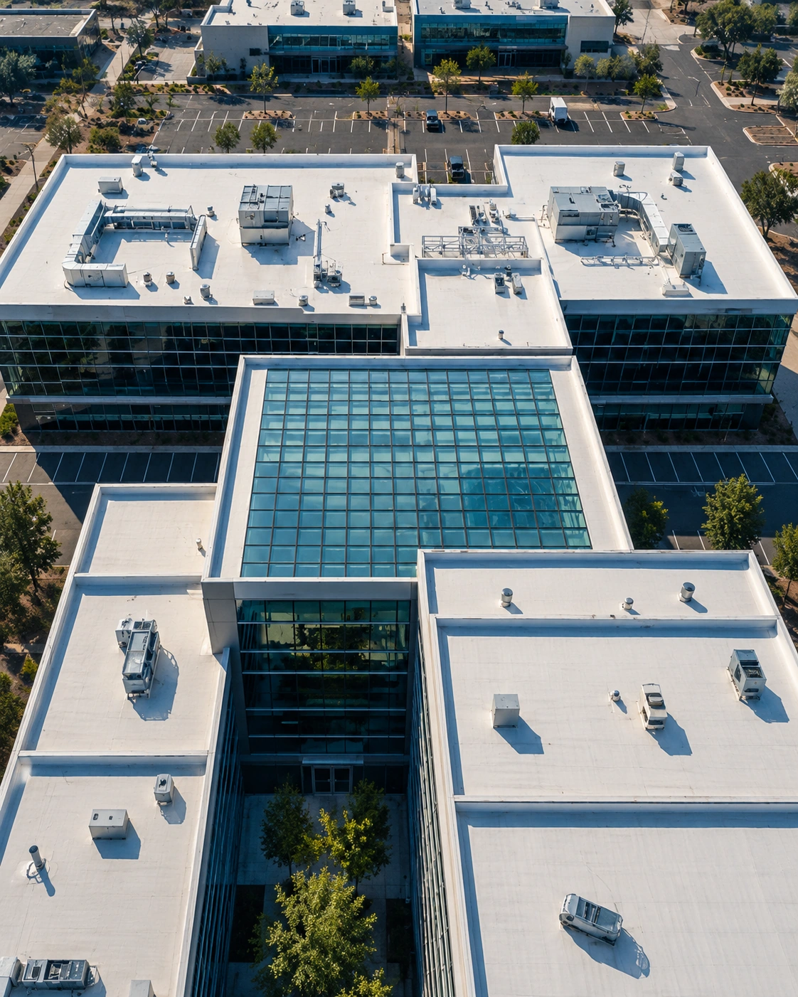 AI-generated aerial illustration of flat office rooftops and a central glass atrium