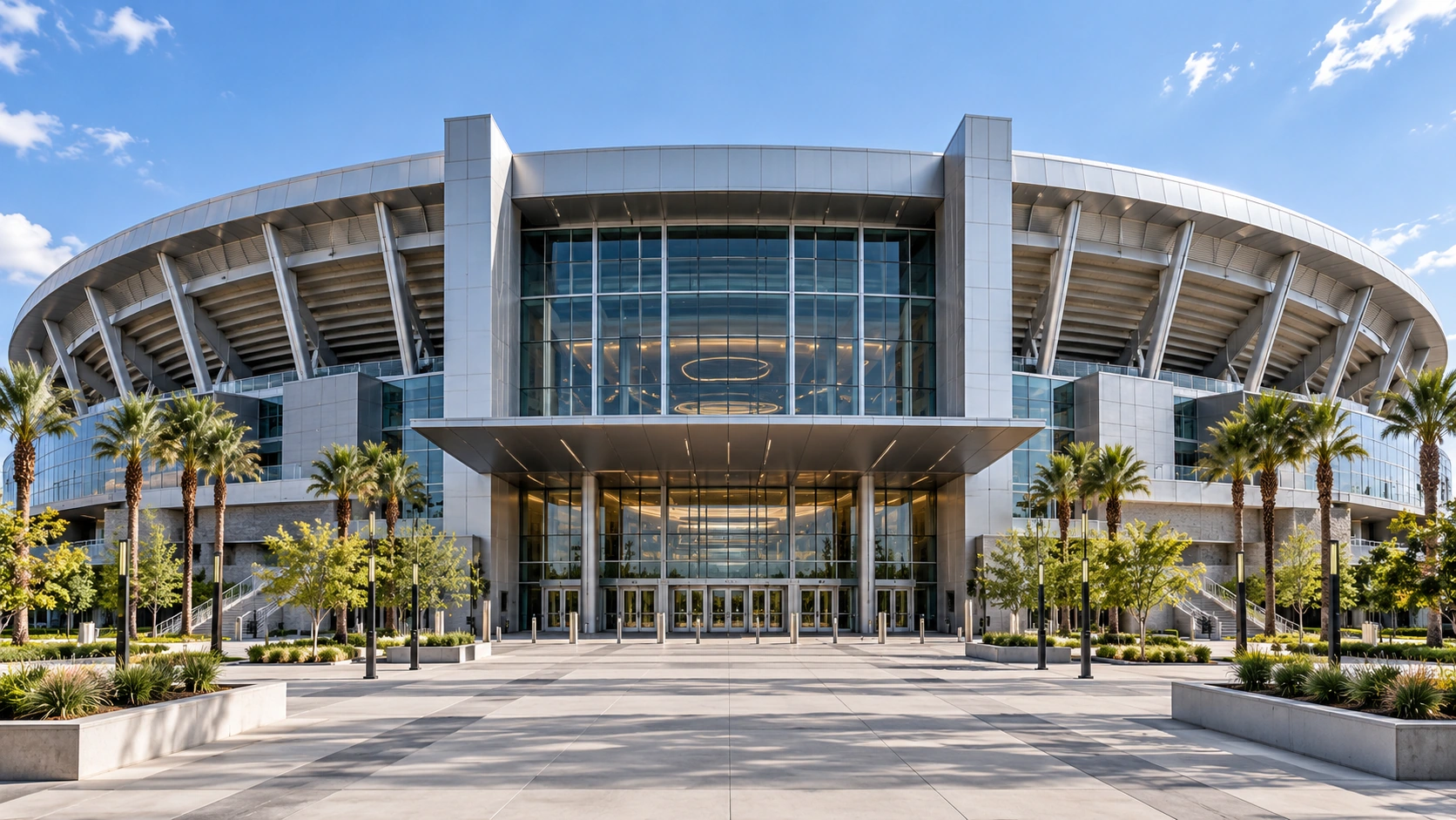 AI-generated illustration of a stadium front entrance, without a cleaning drone